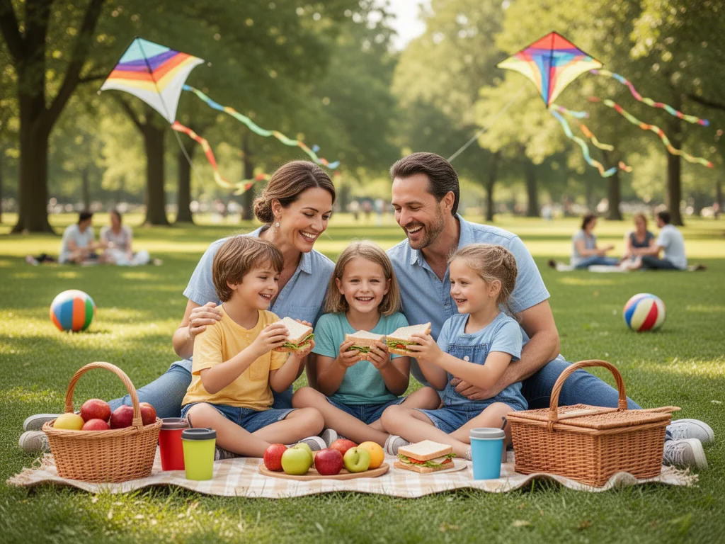 Rodzinny piknik w zielonym parku, rodzice i dzieci jedzą kanapki i owoce, bawią się piłką i latawcem w słoneczny dzień.