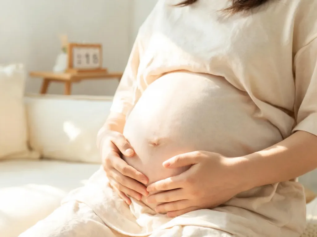 Ciężarna kobieta w domowym wnętrzu delikatnie trzyma brzuch, obok na stoliku kalendarz symbolizujący zbliżający się poród.