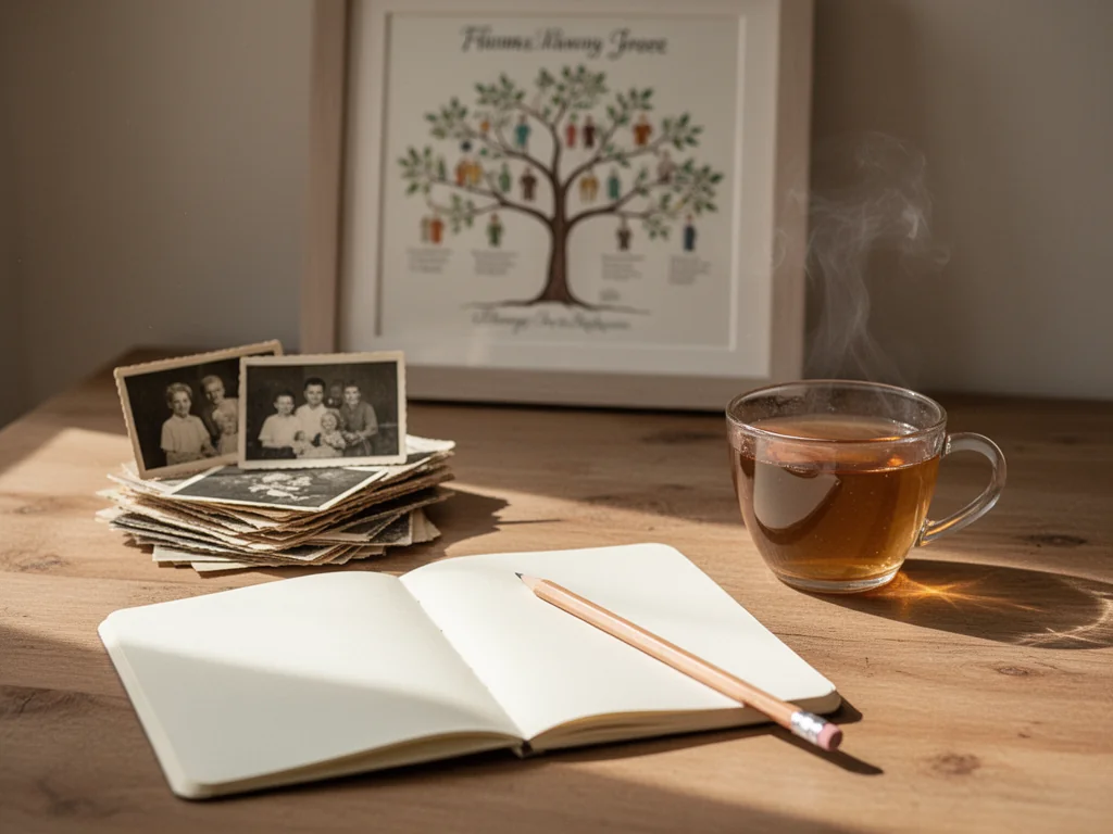Notatnik, ołówek i stare rodzinne fotografie na biurku obok filiżanki herbaty, w tle rozmyte drzewo genealogiczne.