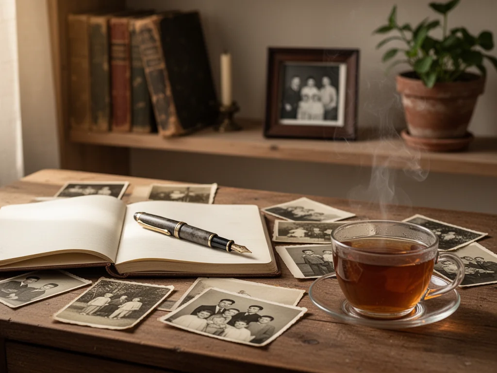 Stolik z notesem, starymi fotografiami i herbatą, tworzący nostalgiczny nastrój odkrywania i spisywania historii rodziny.