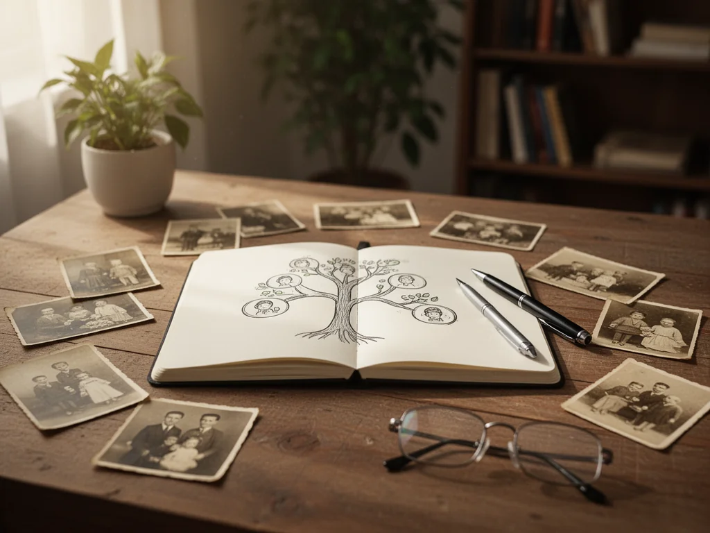 Otwarty notes z odręcznym drzewem genealogicznym na drewnianym biurku, wokół stare rodzinne fotografie i okulary.