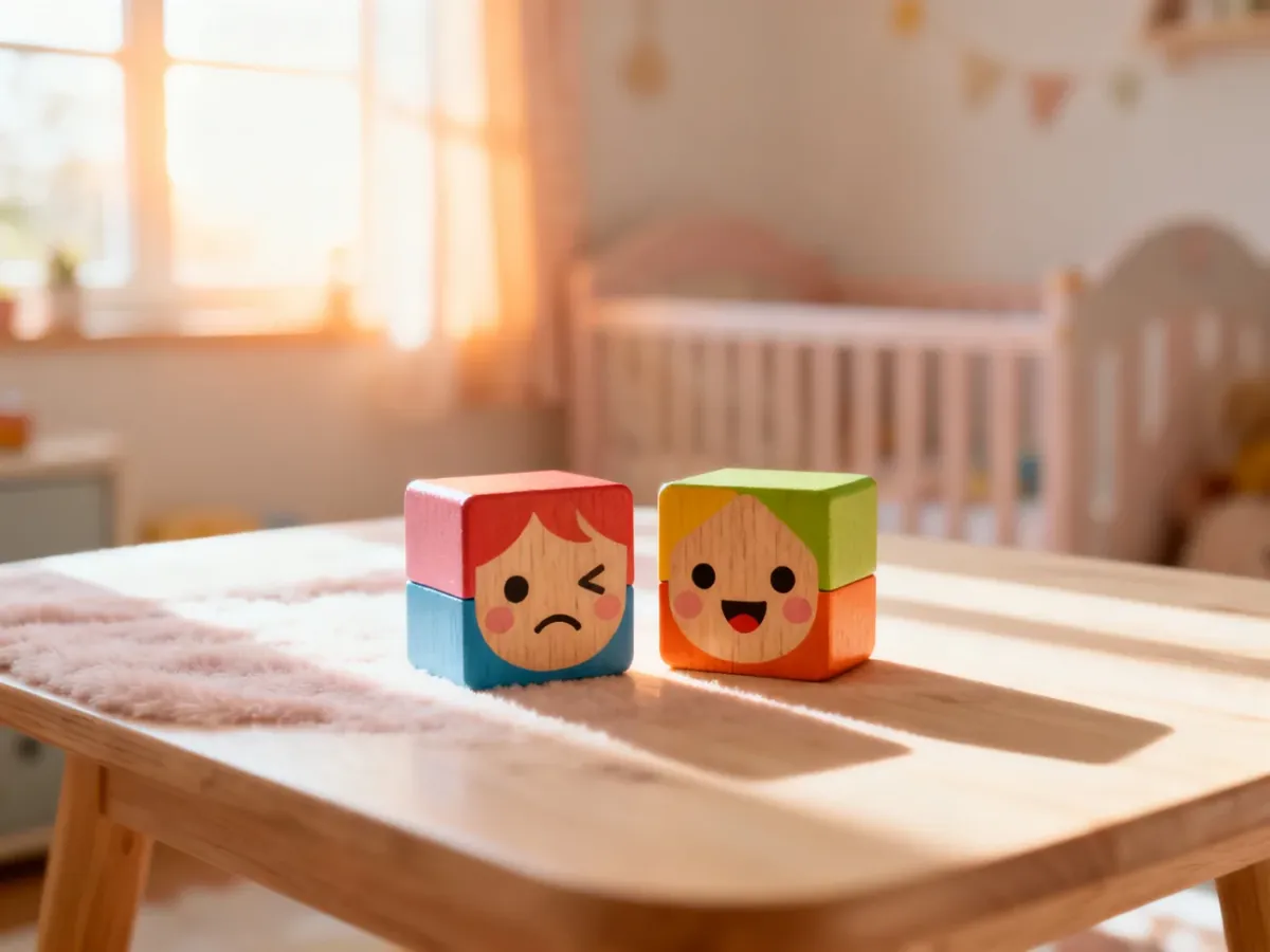Dwa drewniane klocki z namalowanymi emocjami na tle przytulnego pokoju dziecięcego, ilustrujące naukę rozpoznawania uczuć.