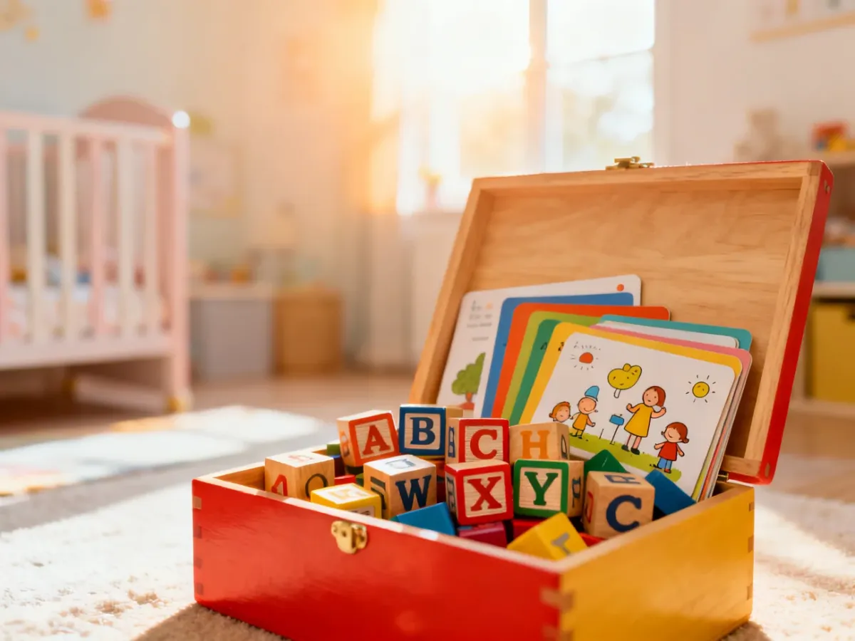 Otwarte drewniane pudełko wypełnione kolorowymi klockami z literami i kartami edukacyjnymi, symbolizujące rozwój mowy dziecka.