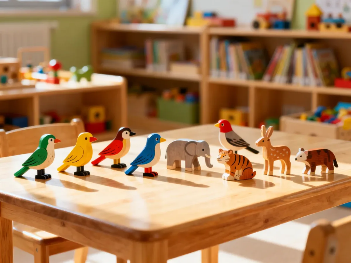 Drewniane figurki ptaków i ssaków na stole w przedszkolu, służące do edukacyjnej zabawy w rozpoznawanie zwierząt.