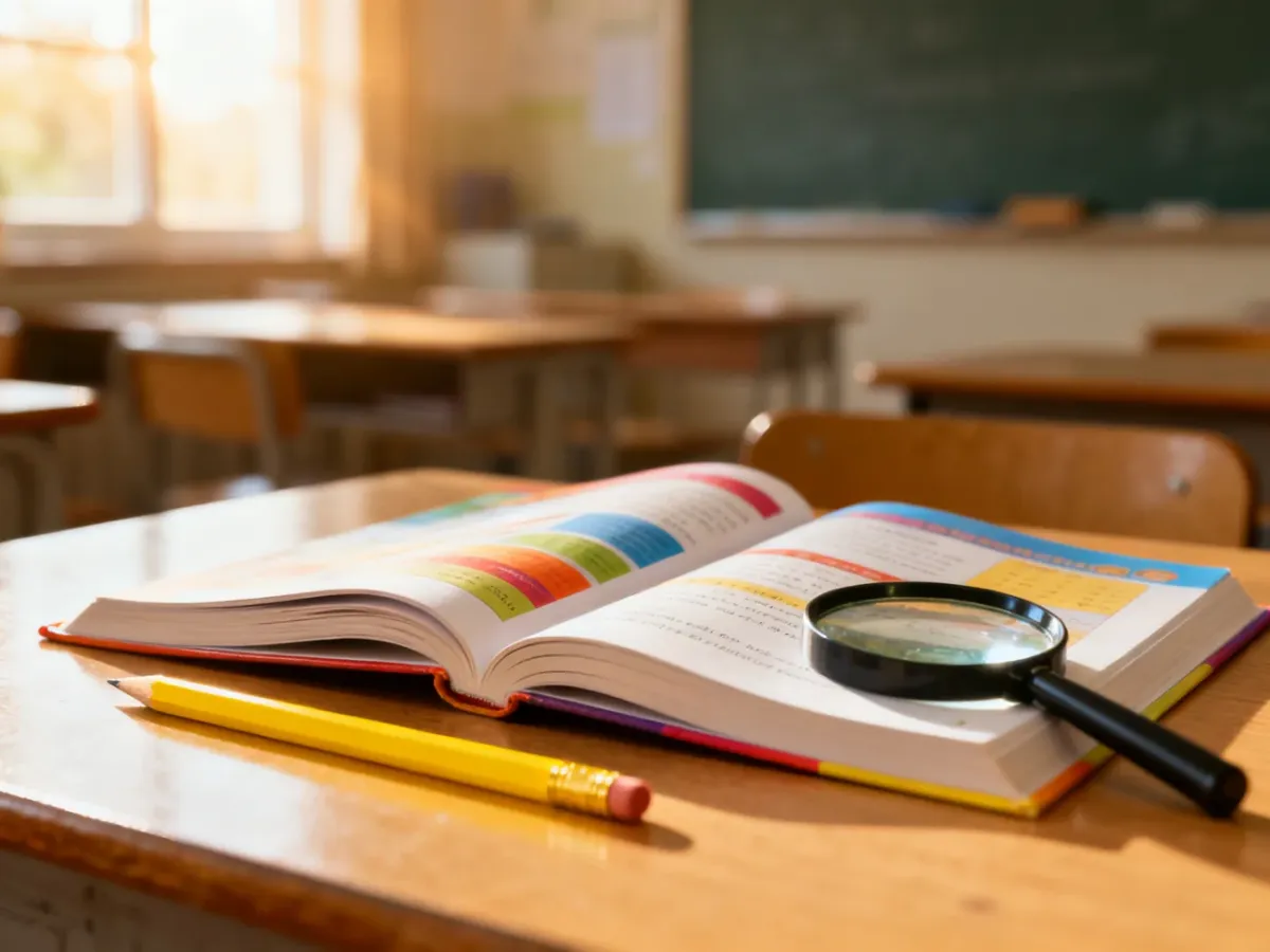 Otwarte podręczniki, ołówek i lupa na szkolnej ławce w słonecznej klasie, symbolizujące proces nauki i edukacji.