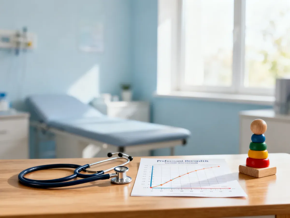 Nowoczesny gabinet pediatryczny ze stetoskopem i kartą zdrowia dziecka, przygotowany do przeprowadzenia bilansu.