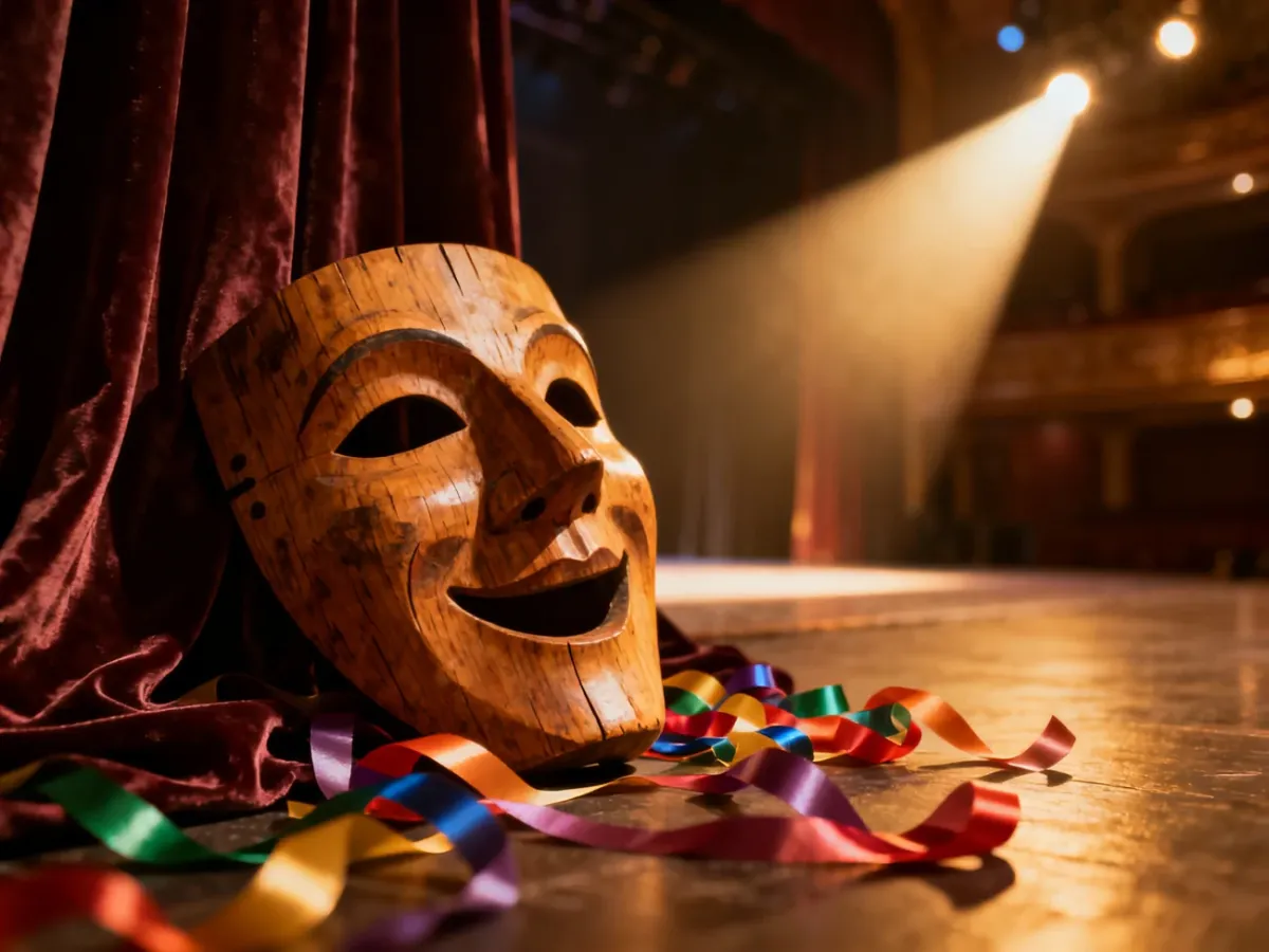Drewniana maska teatralna na aksamitnej kurtynie w świetle reflektora, symbolizująca świat zabaw parateatralnych.