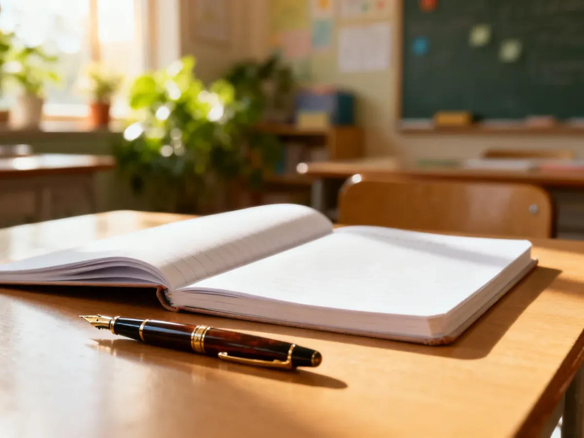 Otwarty zeszyt i pióro na biurku w słonecznej klasie, symbolizujące pozytywne nastawienie do edukacji i relacji ze szkołą.